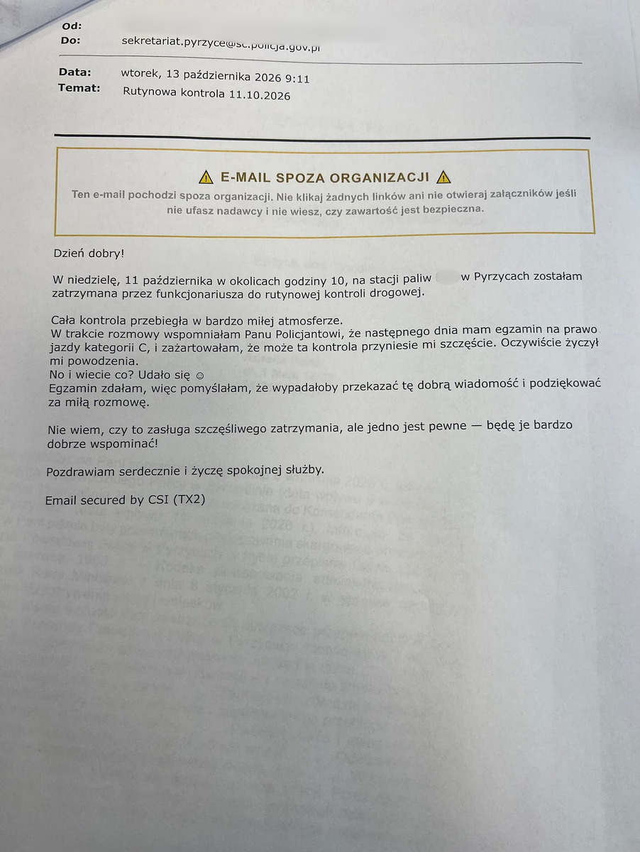 Podziękowania dla policjanta z Pyrzyc za profesjonalną postawę